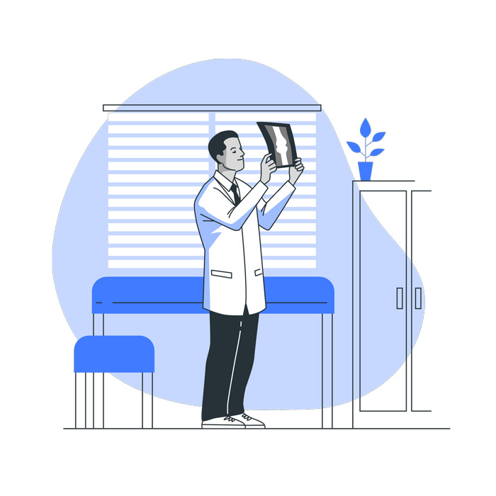 Illustration of a doctor in a white coat examining an X-ray in a medical office with an exam table, window blinds, and a cabinet with a potted plant.