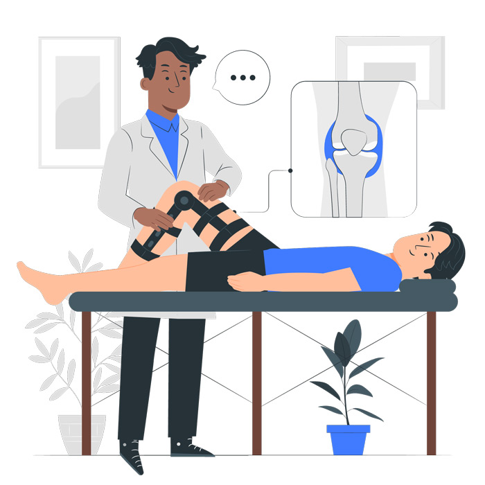 Illustration of a doctor assessing a patient’s knee on an examination table. The patient wears a knee brace, with an anatomical diagram of a knee joint shown in the background.