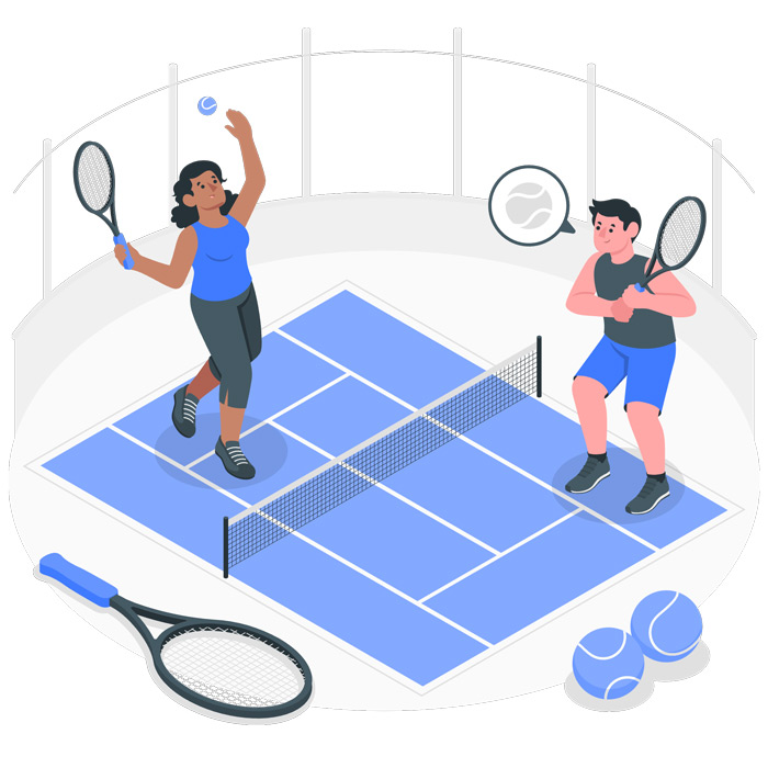 Illustration of two people playing tennis on a court. One player is preparing to serve, while the other is in a ready position. Tennis balls and a racket lie beside the court.