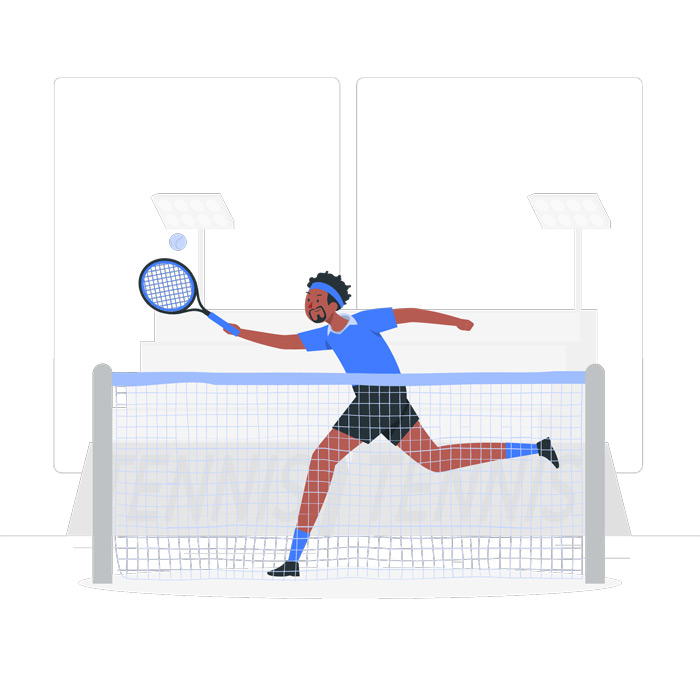 Illustration of a tennis player mid-action, leaping to hit a shot at the net on an outdoor court with floodlights in the background.