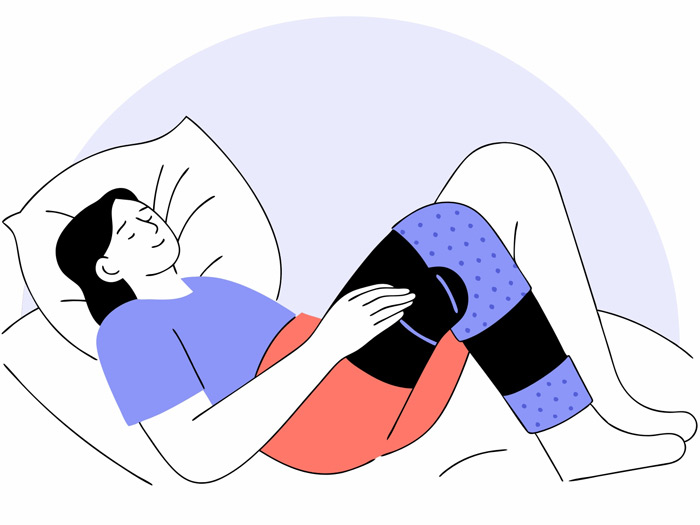 Illustration of a woman lying on a bed, resting with her legs bent, wearing a black and blue knee compression sleeve. She appears relaxed.