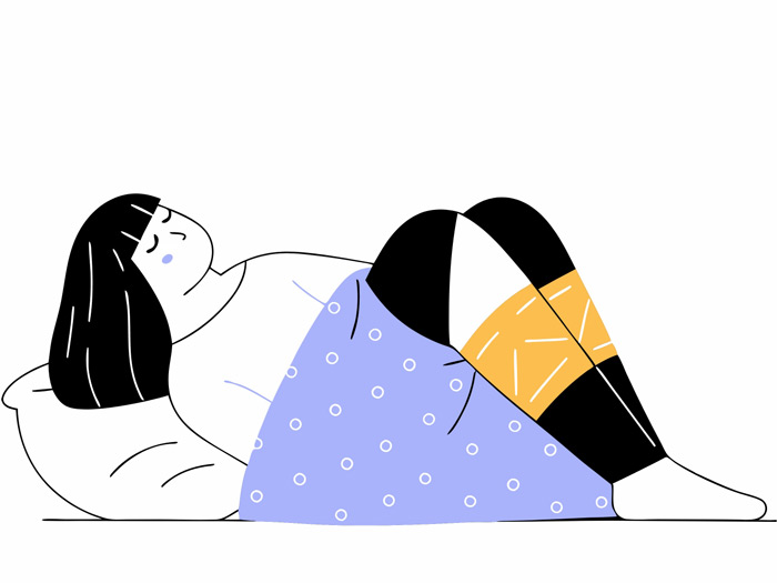 Digital illustration of a woman lying on her side in bed, covered with a blue blanket, wearing a black and yellow knee compression sleeve, appearing to experience discomfort.