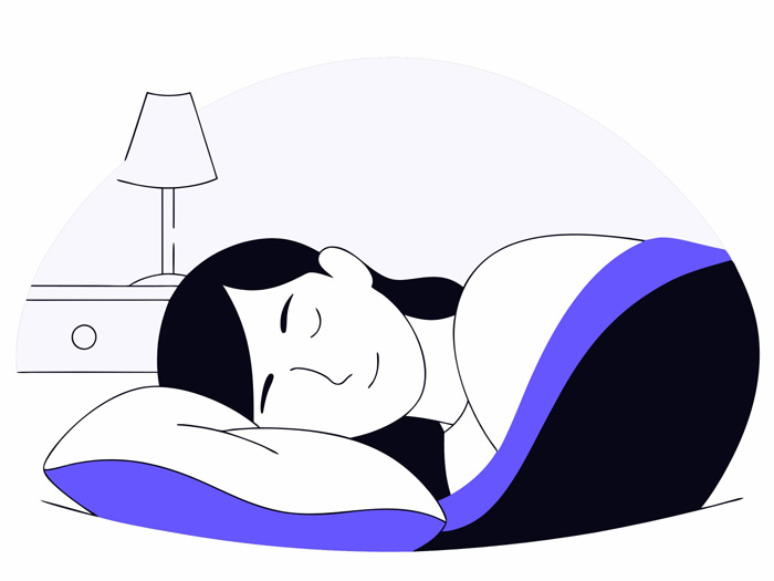 Minimalist illustration of a person sleeping peacefully on their side with a purple blanket and pillow, depicting comfort and relaxation.