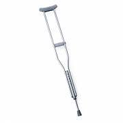 This is a traditional underarm crutch, typically used for mobility support during lower leg injuries or surgeries. It features a padded underarm rest, a handgrip for stability, and a rubber tip at the base for traction. It is adjustable for height to fit different users.