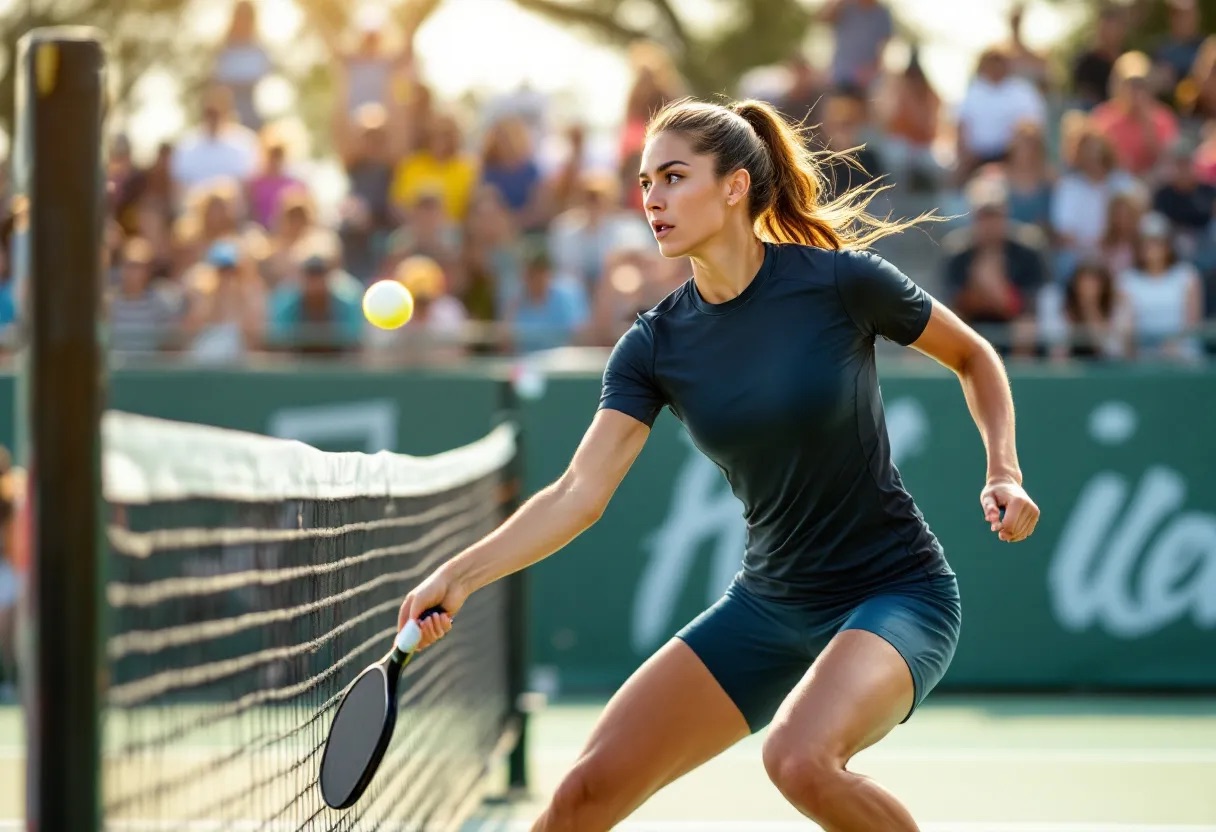 A woman in a dark athletic outfit is near the pickleball net, concentrating on an incoming ball during a match, with a blurred crowd watching in the background.