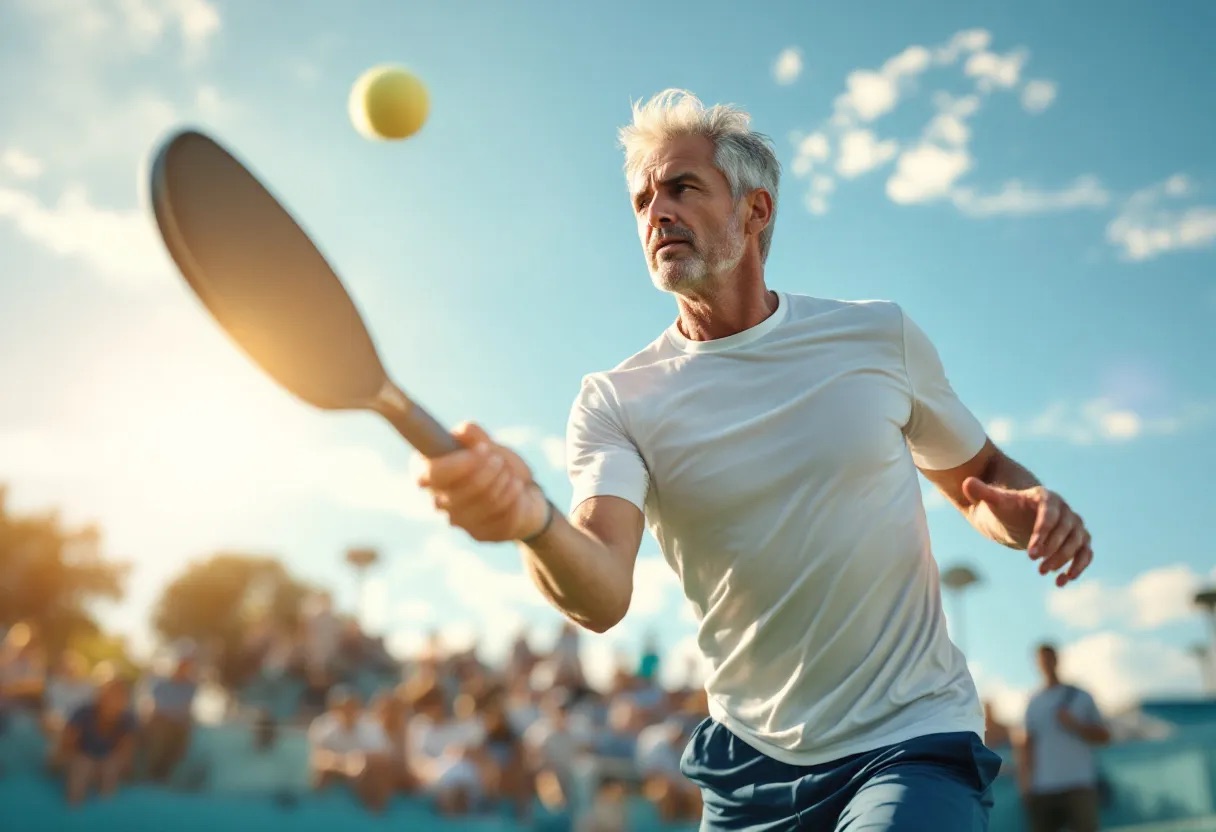 An older man with gray hair, wearing a white shirt, prepares to hit a pickleball during an outdoor game, with a sunny sky and blurred spectators in the background.