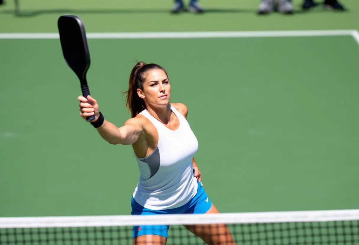 A woman in a white top and blue shorts reaches forward to hit a pickleball, playing on a bright outdoor court.