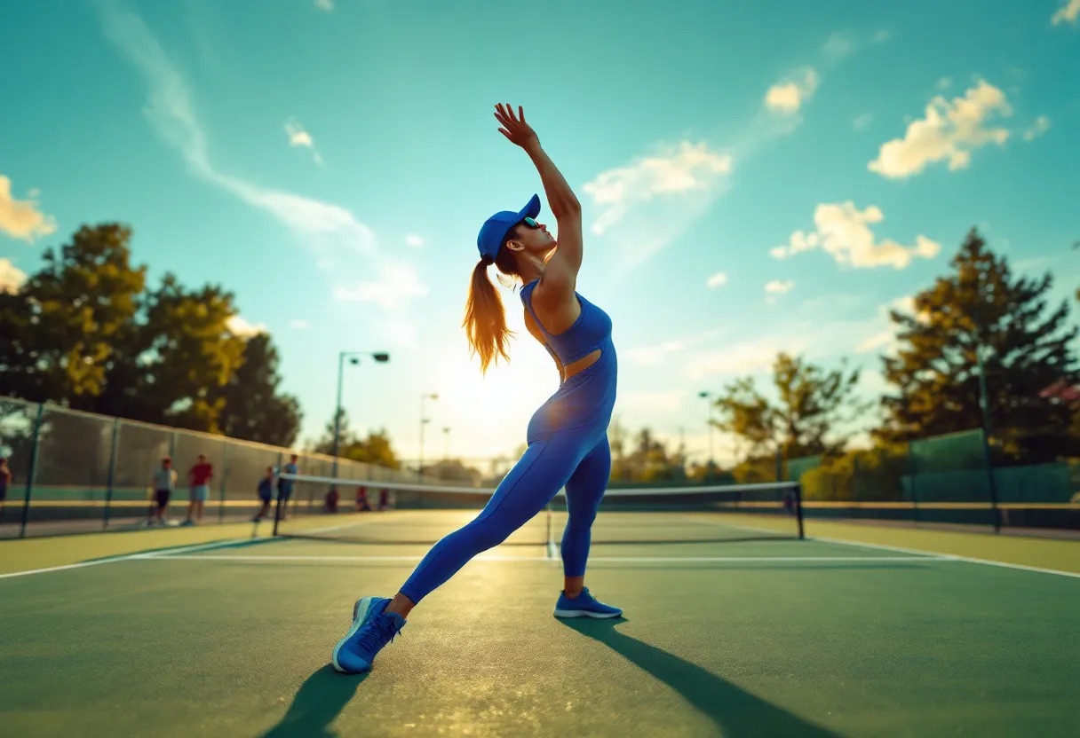 A woman in a blue outfit stretches with her arms raised on an outdoor pickleball court, with a sunny sky and trees in the background.