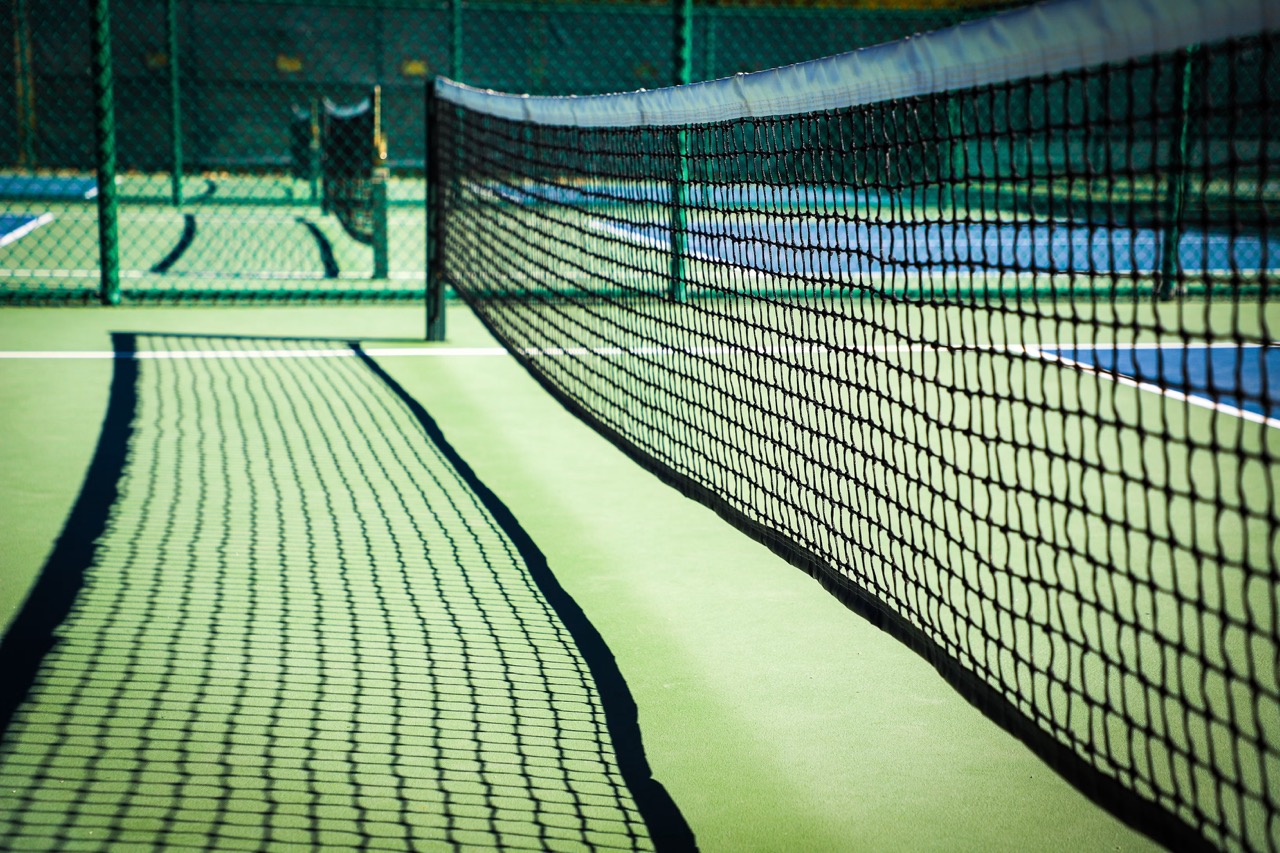 A pickleball court with a green surface, showcasing a close-up of the net with its shadow extending across the court, framed by a fenced background.