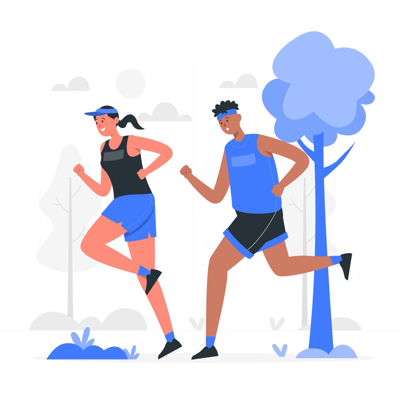 Illustration of a man and woman jogging together outdoors, wearing athletic clothing and running past trees and bushes.Illustration of a man and woman jogging together outdoors, wearing athletic clothing and running past trees and bushes.