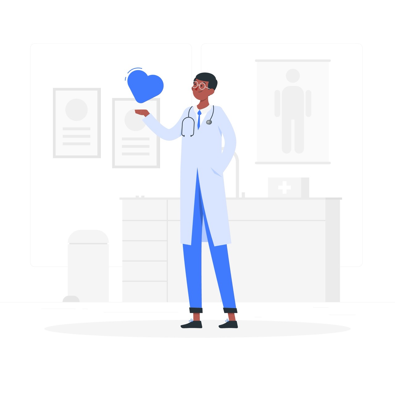 Illustration of a doctor in a white coat and stethoscope, holding a blue heart icon in a medical office setting.