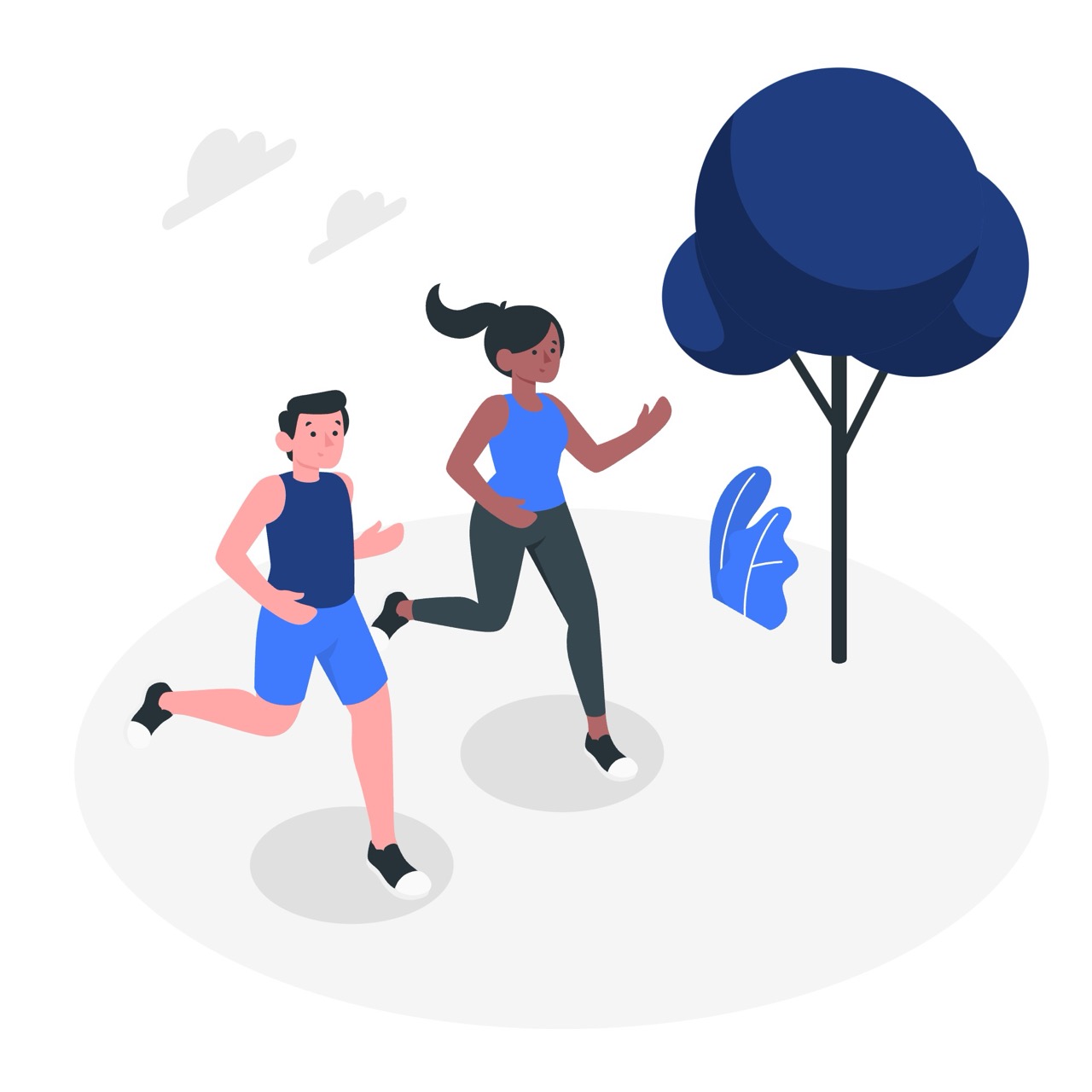 Illustration of a man and woman running outdoors, with a tree and some bushes in the background.