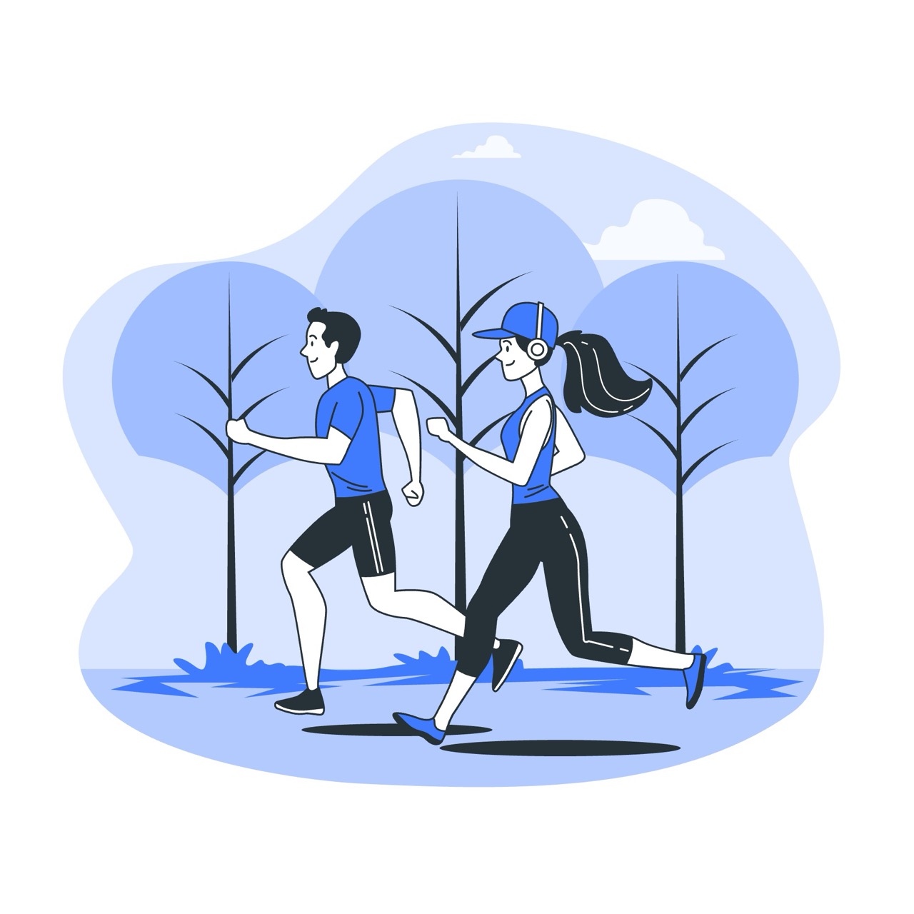 Illustration of a man and woman jogging in a forested area, both wearing athletic clothing, with trees and clouds in the background.