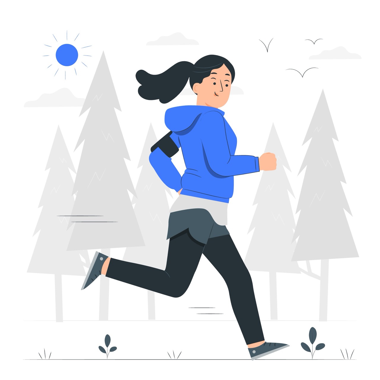 Illustration of a woman running outdoors, wearing a blue hoodie, with pine trees and a sunny sky in the background.