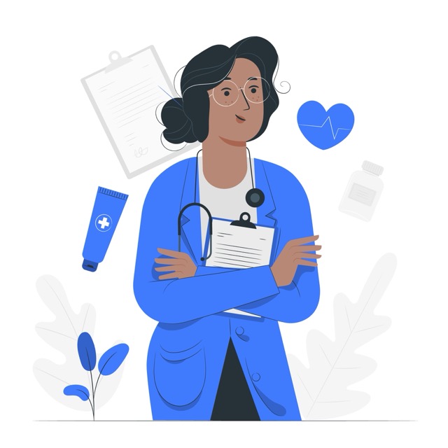 A female doctor or medical professional, holding a clipboard, with medical icons around her, symbolizing her role in healthcare.