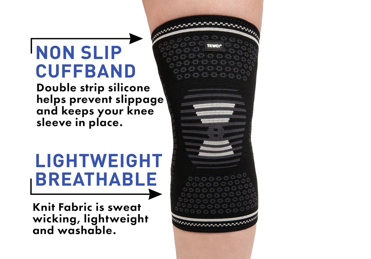  Close-up of a black knee sleeve on a leg, featuring silicone-lined cuffs to prevent slipping and breathable, lightweight knit fabric with highlighted benefits in text.