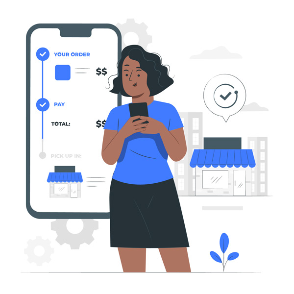 an illustration of a woman putting an online order on her phone