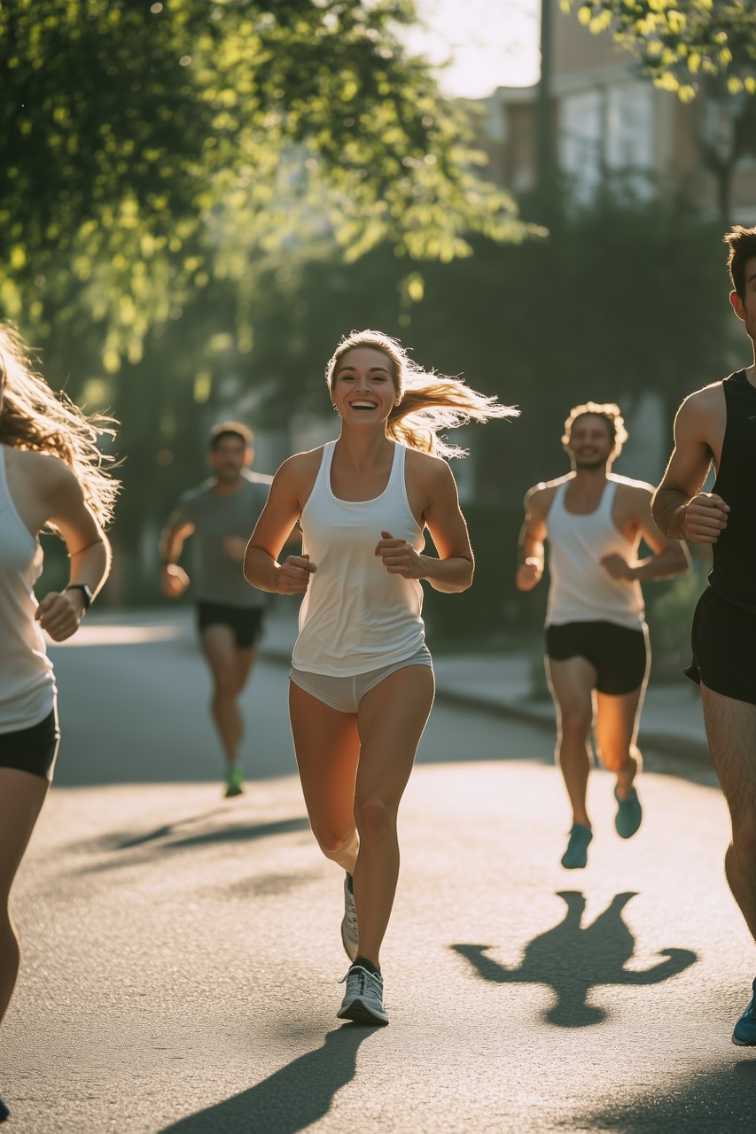 A group of runners jogging on a tree-lined urban street, with a focus on a smiling woman in the foreground wearing a white tank top and shorts. The background shows other runners in motion, captured in a sunlit setting.