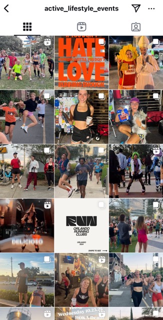 A grid layout showing various group running events, runners posing, themed events, and event announcements by the Active Lifestyle Events account.