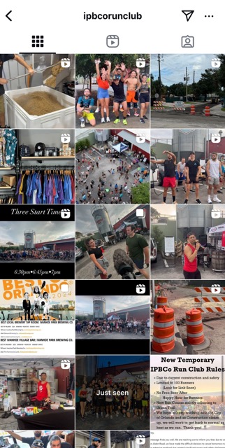 A grid layout showing photos and videos of the IPB Co Run Club, including group running events, social gatherings, race prep, and announcements related to club activities.