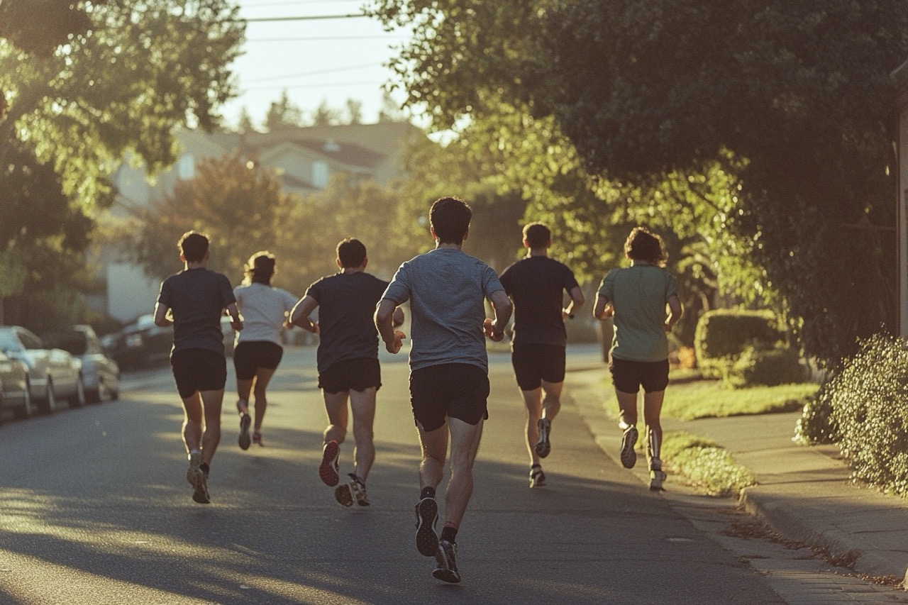 Group of runners jogging down a sunlit suburban street, surrounded by trees and houses, with the sun low in the sky.