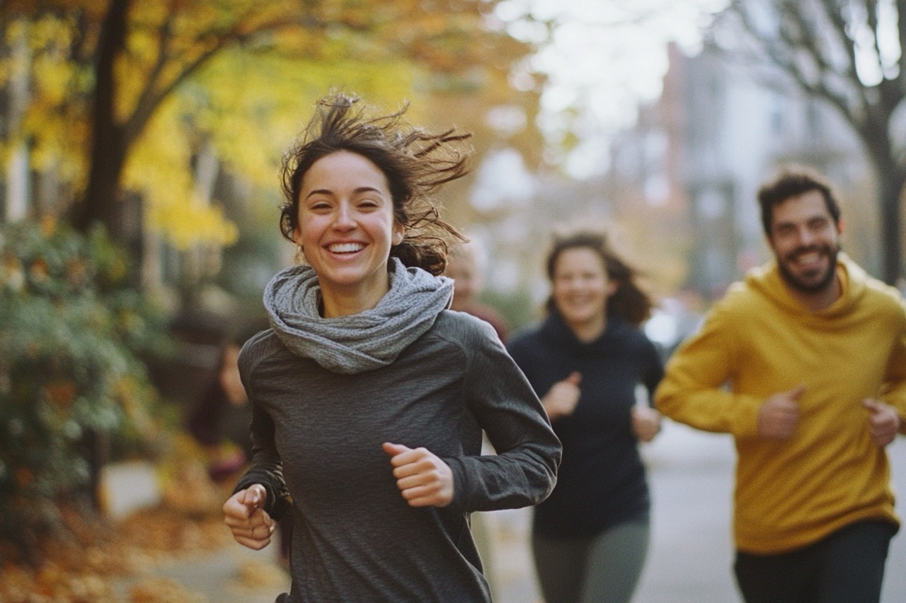 A smiling woman with windblown hair runs in the foreground on a tree-lined street during autumn, wearing a gray long-sleeve top and scarf. Behind her, a man in a yellow hoodie and another woman in dark clothing jog, all appearing cheerful. 