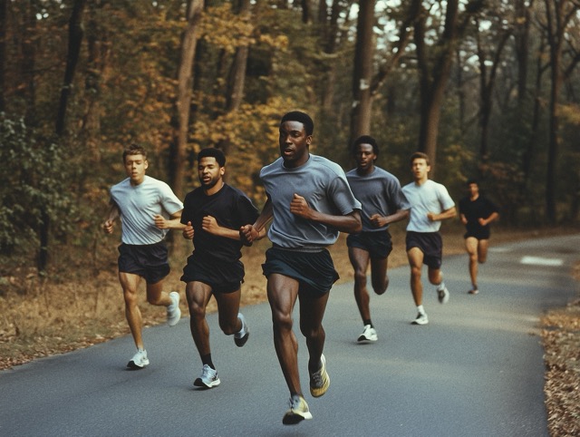 Group of runners on a residential road at sunrise or sunset, their shadows stretching out behind them as they move.