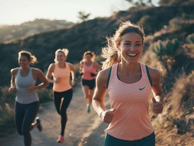 Smiling woman leading a group of women jogging on a trail in a scenic, hilly area, all wearing athletic attire.