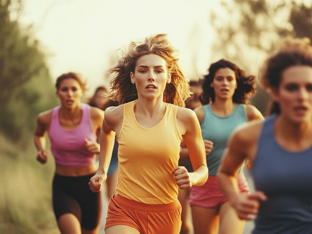 Close-up of a woman in a yellow tank top running with a group of women, focused and determined, in warm, golden light.