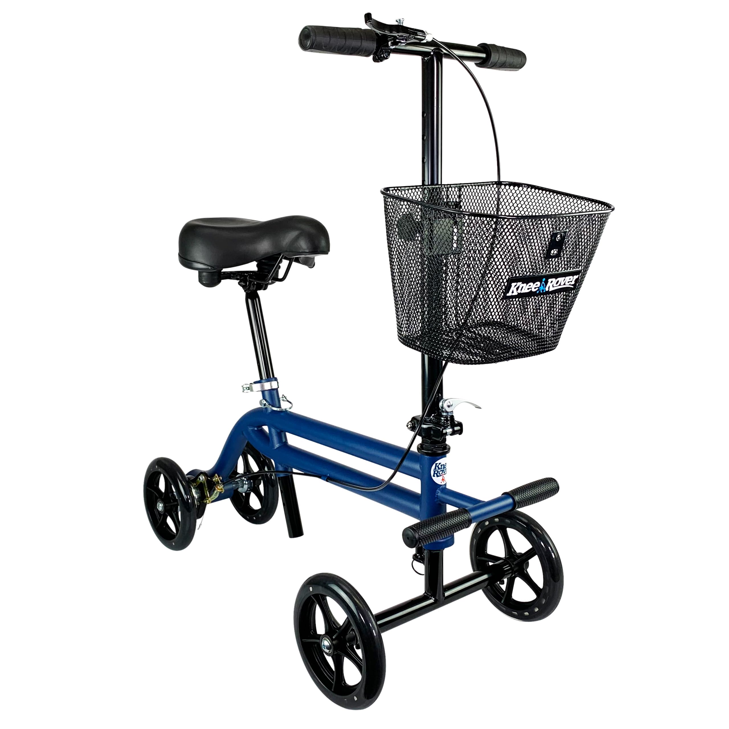 A blue KneeRover seated knee scooter with four black wheels, a padded seat, handlebars with grips, a front brake, and a black wire basket attached to the frame. Designed for mobility assistance, it has a sturdy metal frame and a sleek, functional design.