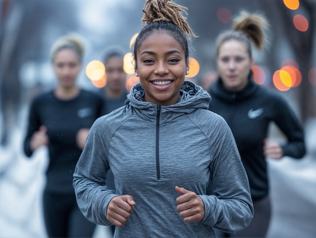 A woman in the foreground smiles while jogging, with three other women running behind her on a blurred, chilly street with soft light.