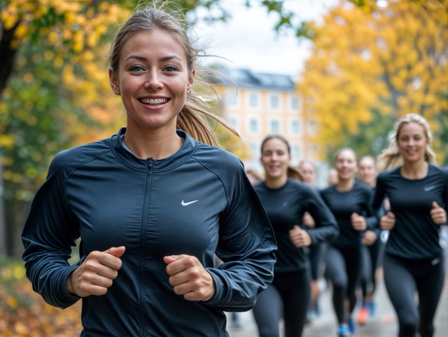 A woman runs outside in a city park during autumn, smiling with colorful fall leaves and other women jogging in the background.