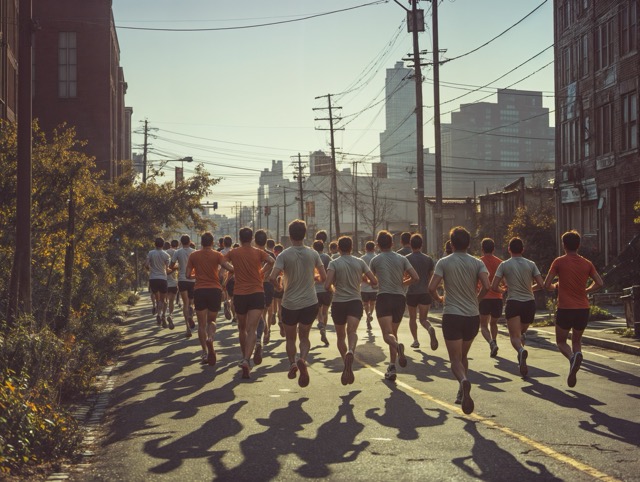 A group of men run on a city street lined with industrial buildings under a hazy, morning sky.