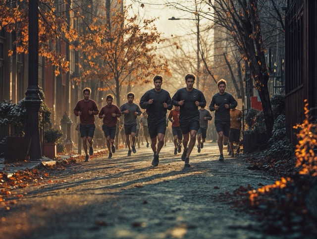  Several men jog along a tree-lined street with fallen leaves, surrounded by buildings and lit by soft autumn sunlight.