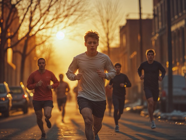 A man in a white shirt runs at sunrise along a city street, followed by other runners, with warm sunlight casting long shadows.